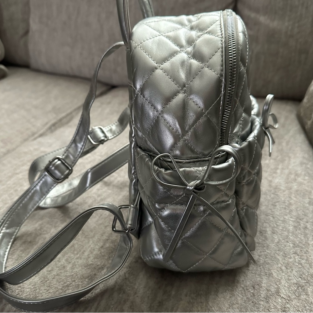 Metallic Silver Mini Backpack Quilted Vegan Leather Bowknot Shoulder Bag - Picture 7 of 10